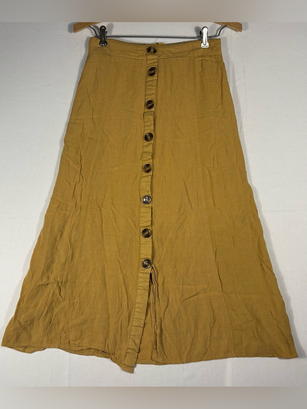 Polly Women’s Size 4 Button-Front Mustard Yellow A-Line Cotton/Linen Skirt